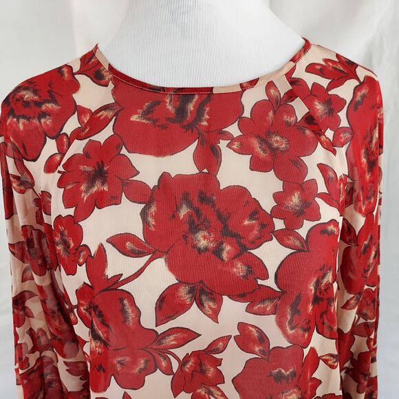 Forever 21 Shirt Top Blouse Size Small Sheer Floral Keyhole Button Red Beige - Picture 3 of 11